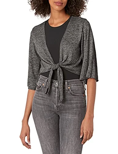 Women's Stretch Hacci Knit Tie-Front Shrug Sweater, Black/White, Large