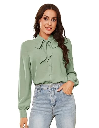 Women's Stretch Shirt Blouse with Stand-up Collar Long Sleeve rockabily Retro Vintage Shirts Light G