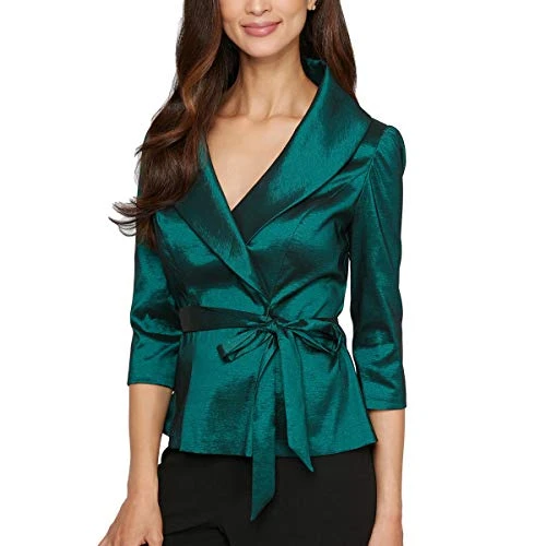 Women's Stretch Taffeta 3/4 Sleeve Formal Blouse, Special Occasion Dress Shirt, Emerald, S Petite