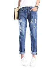 Womens Stretchy High Waisted Ripped Slim Fit Loose Jeans Trousers Ladies Pants Dark Blue 32