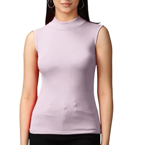-Women’s Stretchy Polo Turtle Neck Plain Top Ladies Sleeveless Casual Wear Top - Fashionable Jumper - Pull-on Style No Sleeves - Great (Baby Pink, 12-14)