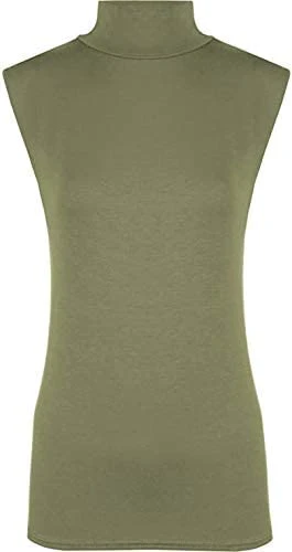 Womens Stretchy Polo Turtle Neck Plain Top Ladies Sleeveless Casual Wear Top (Khaki, 12-14)