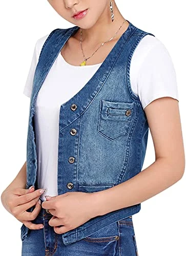 Women's Stretchy Sleeveless V-Neck Button Up Denim Waistcoat Vest (UK 12, Blue)