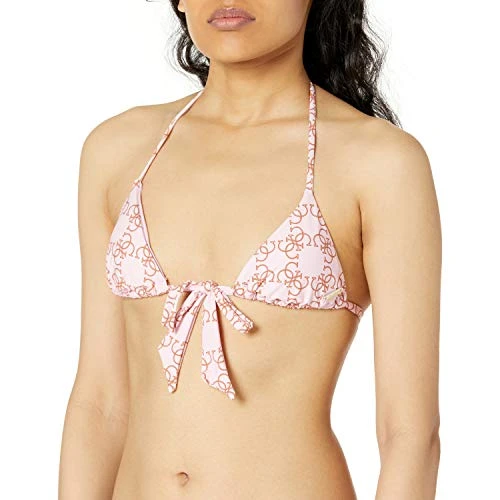 Women's String TIE Padded Printed Triangle Bikini TOP, Washed Out Pink, L