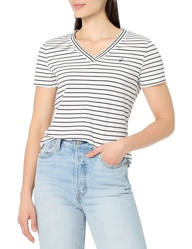 Women's Stripe V-Neck Short Sleeve T-Shirt, Bright White/Night Sky, M