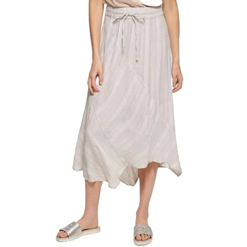 Women's Striped Asymmetrical Hem Midi Skirts, NAT/White, L