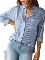 Womens Striped Button Down Shirts Ladies Long Sleeve Lapel Office Work Blouse with Pockets Collared Casual Blouses Tops Blue Womens Striped Button Down Shirts Ladies Long Sleeve Lapel Office Work Blouse with Pockets Collared Casual Blouses Tops Blue