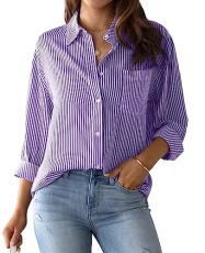 Women's Striped Button Down Shirts Long Sleeve Casual Blouse Tops with Pockets for Women 2024 Purple