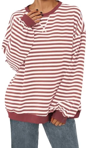 Women's Striped Crew Neck Sweatshirt Casual Long Sleeve Pullover Warm Pullover Long Sleeve Top, Brow