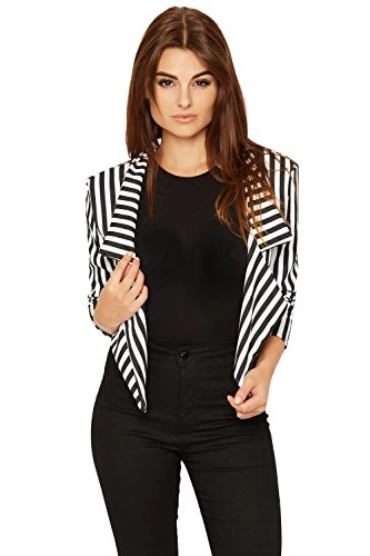 Women's Striped Cropped Short Blazer Ladies Long Sleeve Print Open New - Black White - 12-14