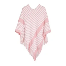 Women's Striped Knit Shawl Wrap Cape Poncho Sweater with Fringes for Spring Fall Winter, Pink Women's Striped Knit Shawl Wrap Cape Poncho Sweater with Fringes for Spring Fall Winter, Pink