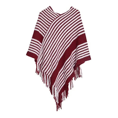 Women's Striped Knit Shawl Wrap Cape Poncho Sweater with Fringes for Spring Fall Winter, Wine Red