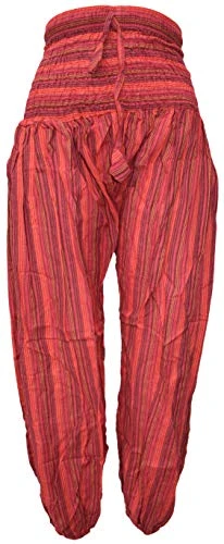 Womens Striped Multilayered Elasticated Waist Cotton Lightweight Lounge Pants Red Stripy