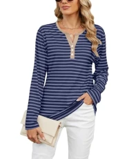 Womens Striped Pullover Top Casual Long Sleeve V Neck Henley Top Button Up Fall Tunic Blouses, Navy Blue, Large