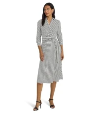 Women's Striped Surplice Crepe Midi Dress Business Casual, Cream/Black, 12
