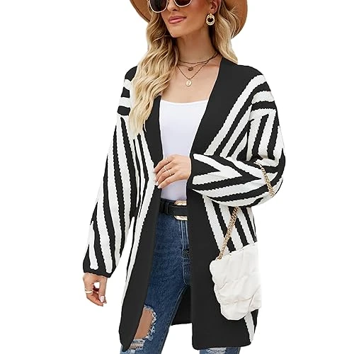 Women's Striped Thickened Mid-Length Cardigan Jumper Coat Black