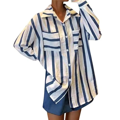 Women’s Striped Tops Long Sleeve Elegant V Neck Oversized Blouse Shirts Button Down Shirts Stylish