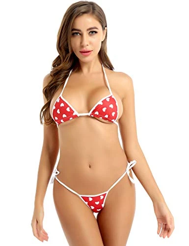 Women's Stripe/Mosaic/Heart Printed Cute Micro Bikini Swimsuit 2 Pieces Lingerie Bathing Suit Red One Size
