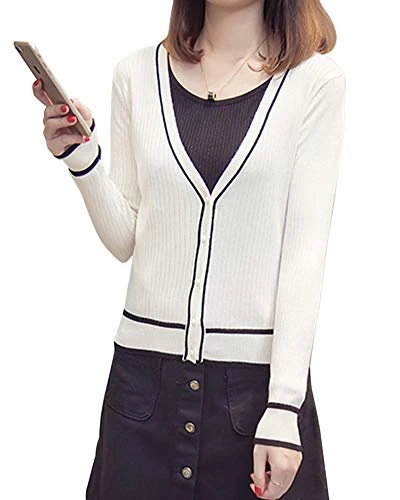 Womens Stripes Fine Knit Cardigan Coat V Neck Long Sleeve Button Sweater Outwear White One Size