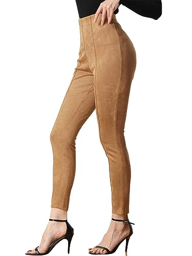 Women's Suede Leggings High Waisted Elastic Slim Casual Pants Brown S