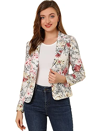 Women's Suit Suede Blazers Notch Lapel Open-Front Allover Printed Blazers Jackets for Women Beige-Fl