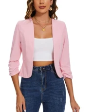 Women's Suits & Blazers Cropped 3/4 Ruched Sleeve Jackets Elegant Linen Open Front Suit (Pink M)