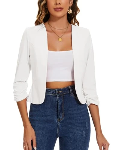 Women's Suits & Blazers Cropped 3/4 Ruched Sleeve Jackets Elegant Linen Open Front Suit (White M)