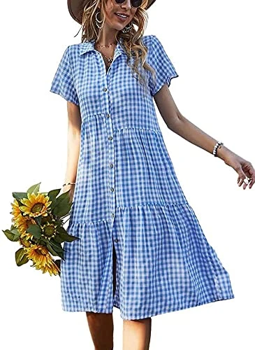 Women's Summer Beach Dress Midi Long Gingham Dress Button Down Shirt Dress (12, Blue)