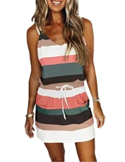 Women's Summer Beach Mini Dress Cover Up Beachwear Striped with Straps, Green, M