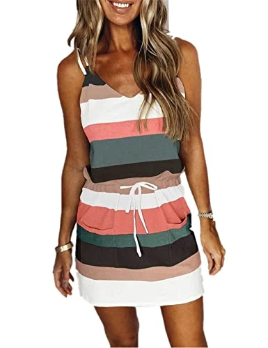 Women's Summer Beach Mini Dress Cover Up Beachwear Striped with Straps, Green, M
