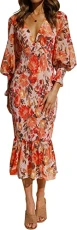 Women's Summer Beach Vintage Deep v Neck Ruched Smocked Floral Lantern Sleeve Mermaid Long Dress Multicoloured Women's Summer Beach Vintage Deep v Neck Ruched Smocked Floral Lantern Sleeve Mermaid Long Dress Multicoloured
