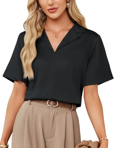 Women's Summer Blouse Short Sleeve Satin Top Casual V-Neck T-Shirt Loose Lapel Collar Tops, black, Large