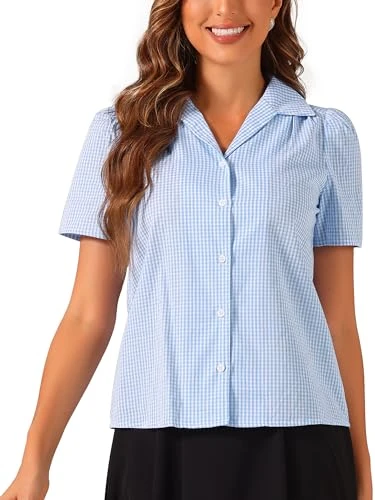 Women's Summer Blouse with Gingham Checked Short Sleeve Vintage Top with Button Placket Checked Patt