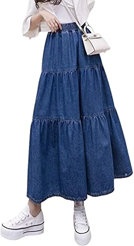 Women's Summer Boho Maxi Denim Skirt Elastic Waist A-Line Pleated Tiered Long Dress (14, Blue)