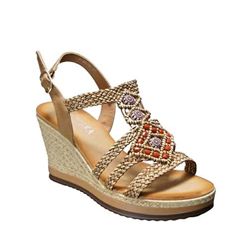 Women's Summer Braided Strappy Beaded Flowery Espadrille Wedge Heels Sandals Camel