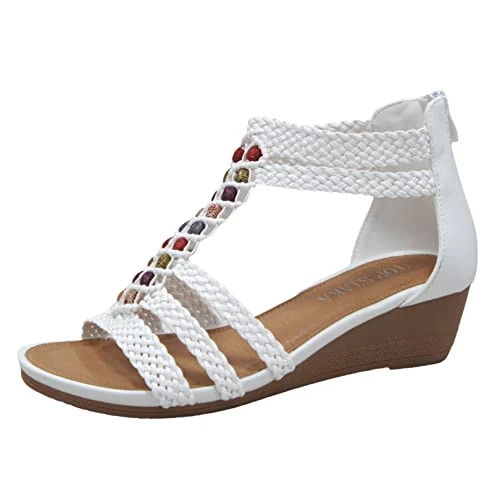 Women's Summer Braided Strappy Beaded Flowery Espadrille Wedge Sandals