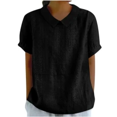 Women's Summer Button Down Linen Shirts Plain Oversized Loose Casual Short Sleeved Tops Basic Going Out Blouses Women's Cotton and Linen T-Shirts Black M