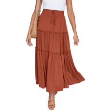 Women's Summer Casual Boho Flowy Ruffle Tiered Maxi Skirt Drawstring Flared Skirts Beachwear Orange L Women's Summer Casual Boho Flowy Ruffle Tiered Maxi Skirt Drawstring Flared Skirts Beachwear Orange L