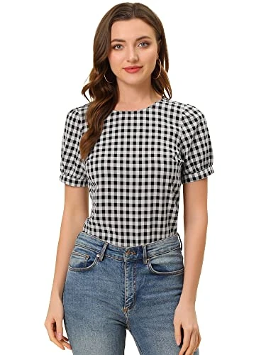 Women's Summer Casual Gingham Crew Neck Top Vintage Puff Short Sleeve Blouse Black XL-20