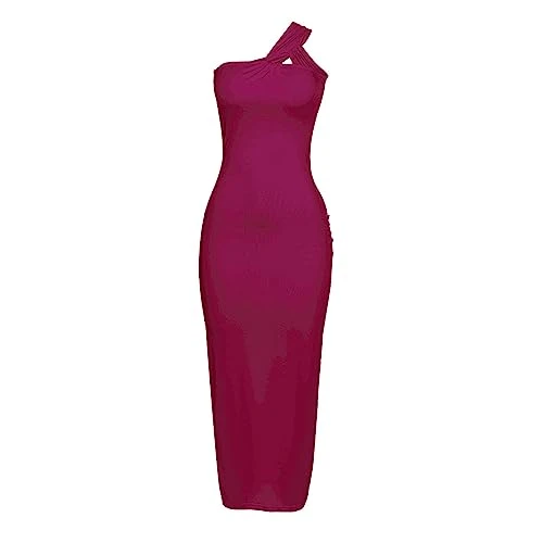 Women's Summer Casual Sexy Solid Color Slim Fit One Shoulder Twisted Dew Back Wrap Long Ankle Length Dress Tight Dresses for Women (Hot Pink, M)
