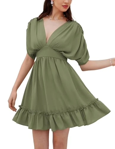 Women's Summer Casual Short Sleeve A-line Dress Deep V-Neck Party Dress Lightweight Beach Dress