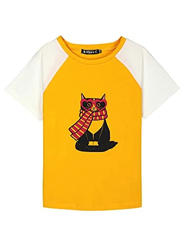 Women's Summer Casual Short Sleeve Cartoon Cat Print T-Shirt Tee Yellow Red XL-20