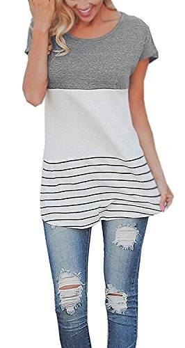 Womens Summer Casual Short Sleeve Striped Shirt Back Lace Tops Patchwork Blouse Tunics T-Shirts Grey