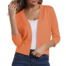 Womens Summer Cotton Thin Cardigan Soft Shrugs Shawl Ruched Short Cropped Blazer Cardigan Tops Open Front Short Tops Half Sleeve Cardigans UK Orange