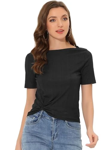 Women's Summer Crop Top Casual Twist Knot Crew Neck Short Sleeve T-Shirt, black, M