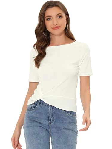 Women's Summer Crop Top Casual Twist Knot Crew Neck Short Sleeve T-Shirt, White, M