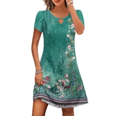 Women's Summer Dress Knee-Length Short Sleeve T-Shirt Dresses Casual Round Neck Boho Beach Dresses Summer Elegant Mini Dress Colourful Flowers Prints Blouse Dress Cotton Vintage Party Dress for