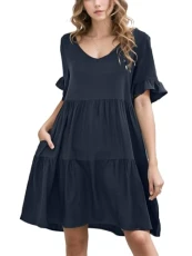 Womens Summer Dress Ruffle Short Sleeve Crew Neck Tiered Casual Dress Swing Flowy Dress with Pockets Solid Color Cocktail Party Work Dresses Navy Blue Womens Summer Dress Ruffle Short Sleeve Crew Neck Tiered Casual Dress Swing Flowy Dress with Pockets Solid Color Cocktail Party Work Dresses Navy Blue