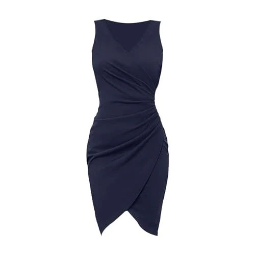 Womens Summer Dress Short Sleeve V Neck Casual Floral Wrap Dress Modern Fit Graphic Maxi Dress Mother's Day Plain Midi Work Dresses Bell Sleeve Wrap Dress for Women Navy