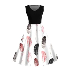 Women's Summer Dress Women's Feathered Print Style Sleeveless Side Zipper Skirt Dress Casual Dress Women's Printed Feathers The Benfeng Vest Sleeveless Side Zip Skirt Dress Party Women's Sexy, gray,